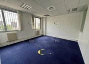 Bureau lumineux avec un sol en moquette bleue et fenêtres.