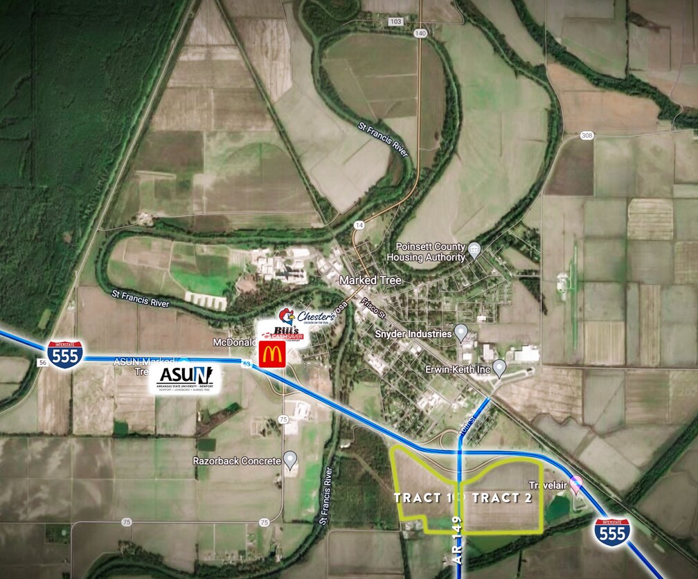 Corners of I555 and Highway 149, Marked Tree, AR 72365 2 Large Tracts with Interstate