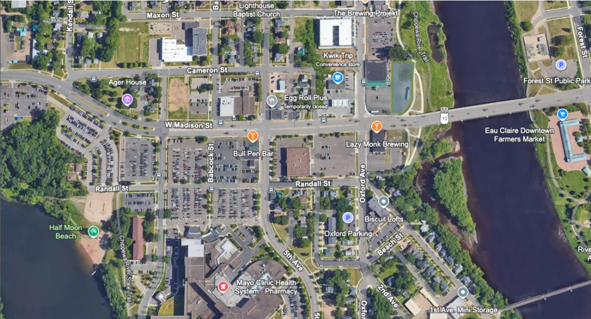 10 W Madison St, Eau Claire, WI for lease Aerial- Image 1 of 4