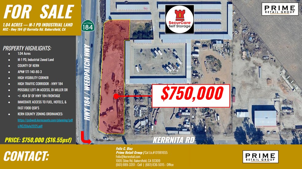 NEC Hwy 184 @ Kerrnita Rd, Bakersfield, CA for sale - Primary Photo - Image 1 of 5
